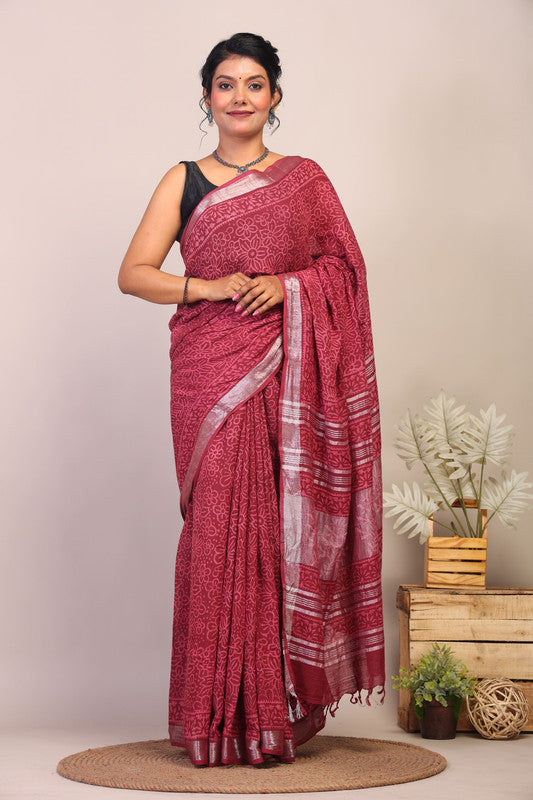 Anuttara Bhagalpuri Maroon Cotton Linen Hand Block Saree with Blouse_AFS1107-FS