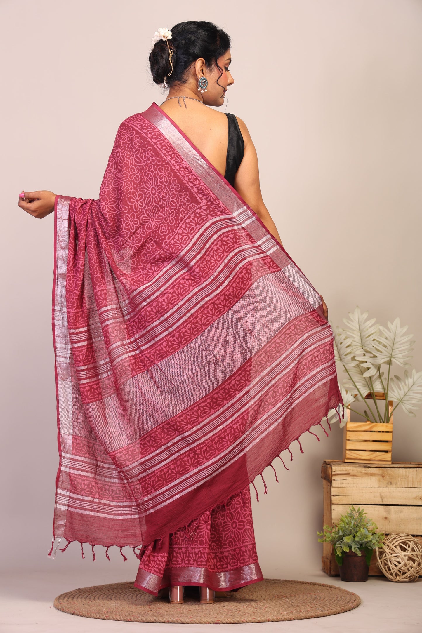 Anuttara Bhagalpuri Maroon Cotton Linen Hand Block Saree with Blouse_AFS1107-FS