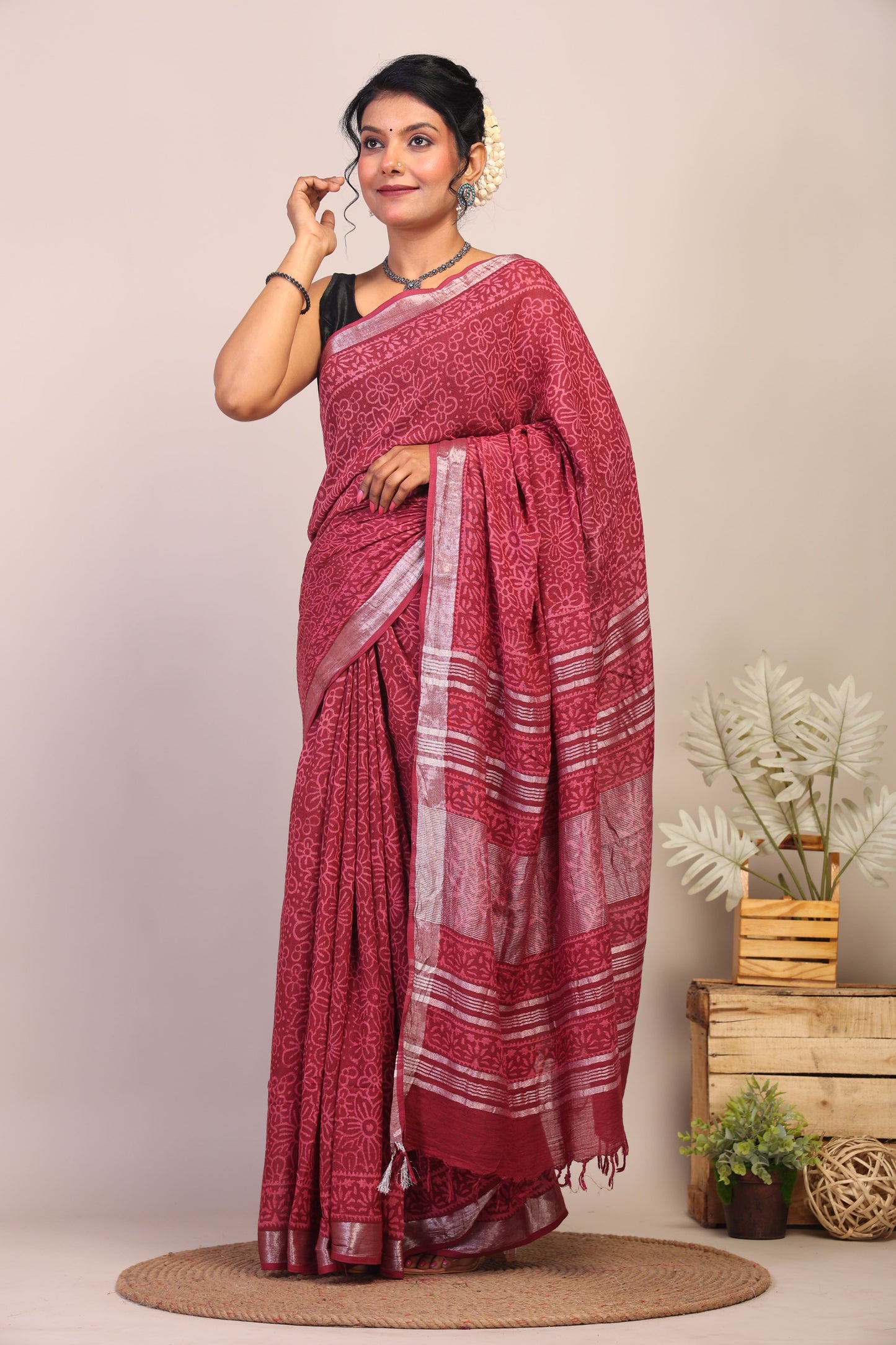 Anuttara Bhagalpuri Maroon Cotton Linen Hand Block Saree with Blouse_AFS1107-FS