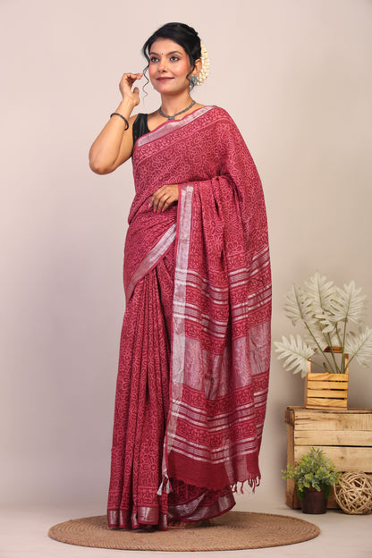 Anuttara Bhagalpuri Maroon Cotton Linen Hand Block Saree with Blouse_AFS1107-FS