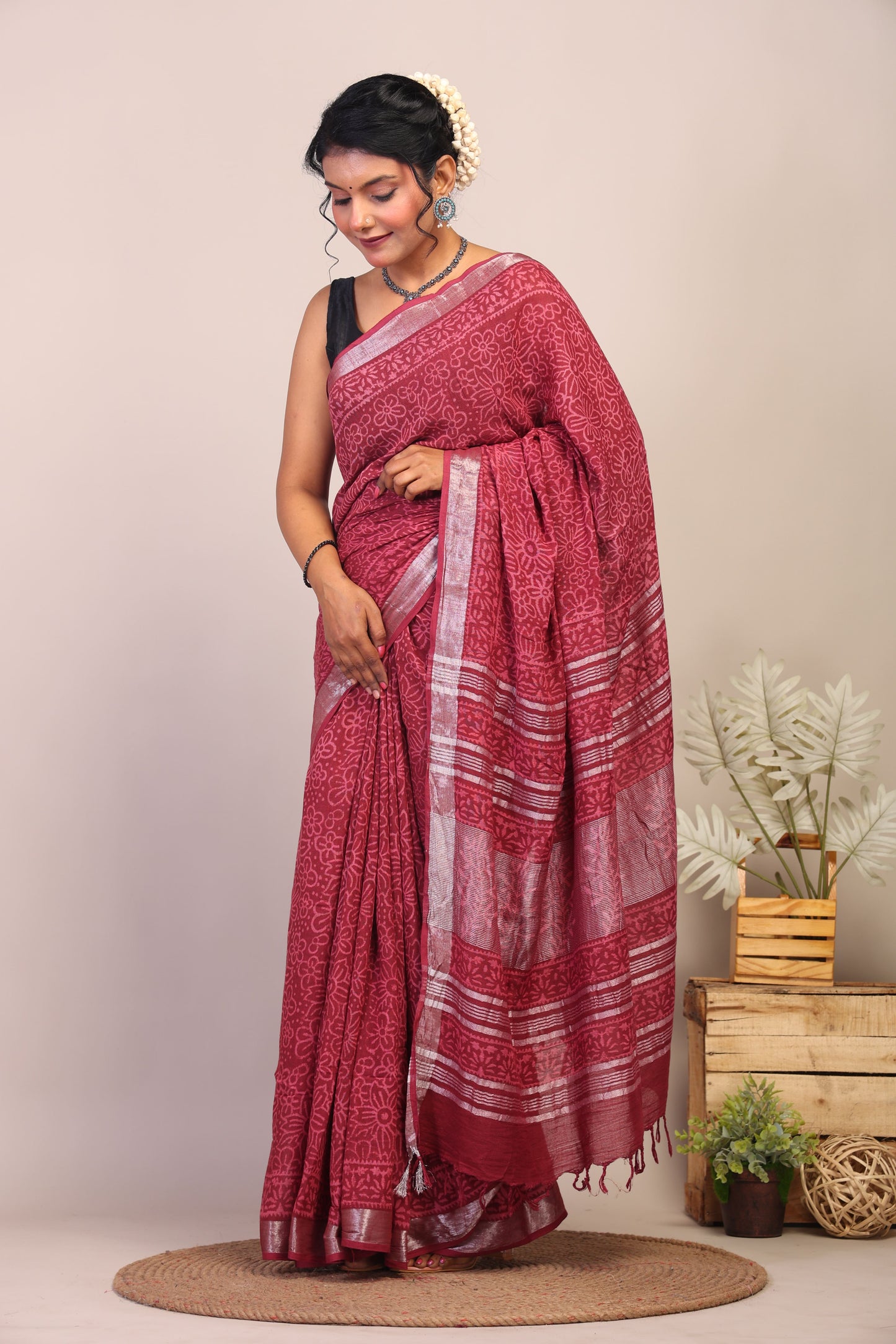 Anuttara Bhagalpuri Maroon Cotton Linen Hand Block Saree with Blouse_AFS1107-FS