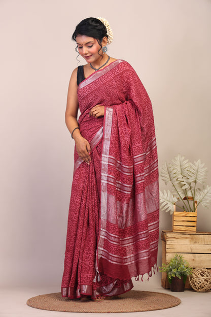 Anuttara Bhagalpuri Maroon Cotton Linen Hand Block Saree with Blouse_AFS1107-FS