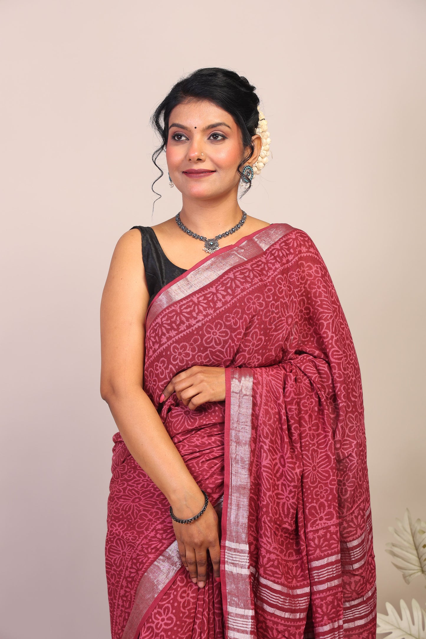 Anuttara Bhagalpuri Maroon Cotton Linen Hand Block Saree with Blouse_AFS1107-FS