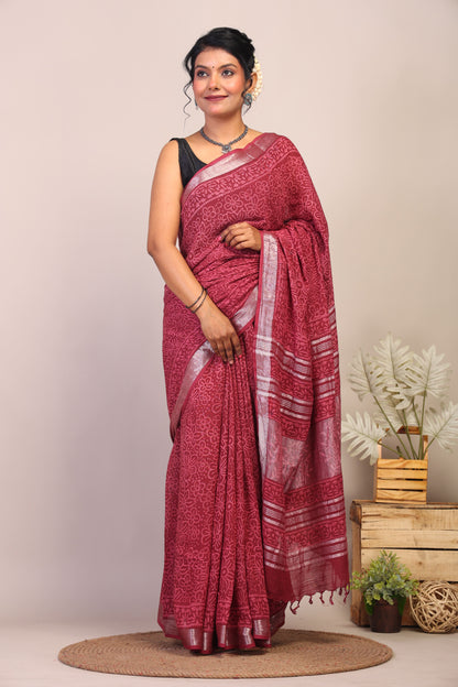 Anuttara Bhagalpuri Maroon Cotton Linen Hand Block Saree with Blouse_AFS1107-FS