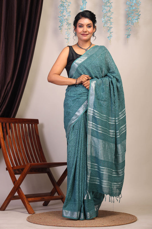Anuttara Bhagalpuri Cadmium Green Cotton Linen Hand Block Saree with Blouse_AFS1108-FS