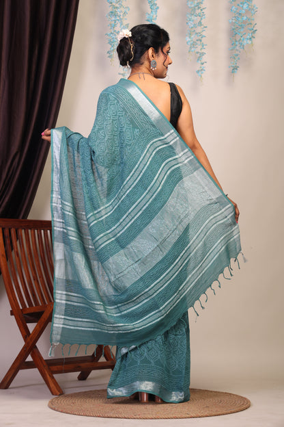 Anuttara Bhagalpuri Cadmium Green Cotton Linen Hand Block Saree with Blouse_AFS1108-FS