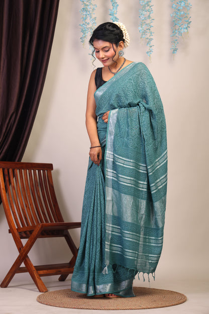 Anuttara Bhagalpuri Cadmium Green Cotton Linen Hand Block Saree with Blouse_AFS1108-FS
