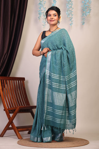 Anuttara Bhagalpuri Cadmium Green Cotton Linen Hand Block Saree with Blouse_AFS1108-FS