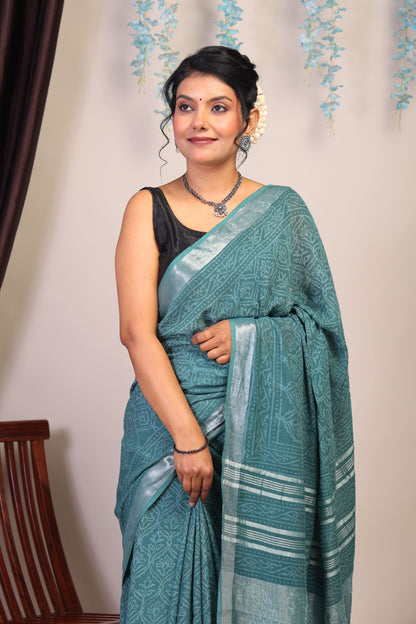 Anuttara Bhagalpuri Cadmium Green Cotton Linen Hand Block Saree with Blouse_AFS1108-FS