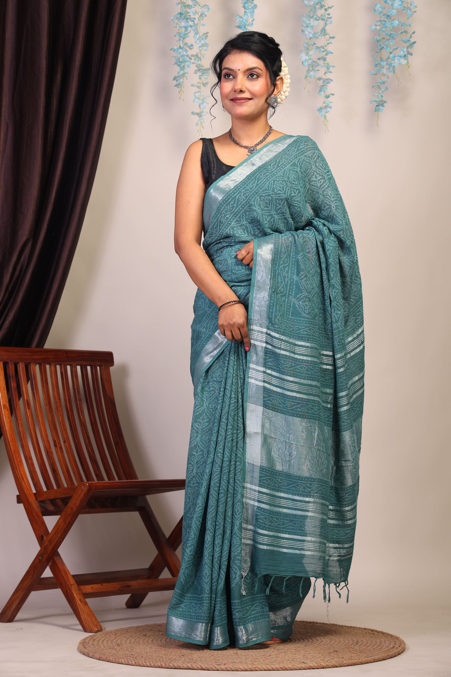 Anuttara Bhagalpuri Cadmium Green Cotton Linen Hand Block Saree with Blouse_AFS1108-FS