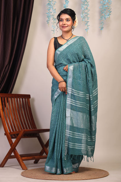 Anuttara Bhagalpuri Cadmium Green Cotton Linen Hand Block Saree with Blouse_AFS1108-FS