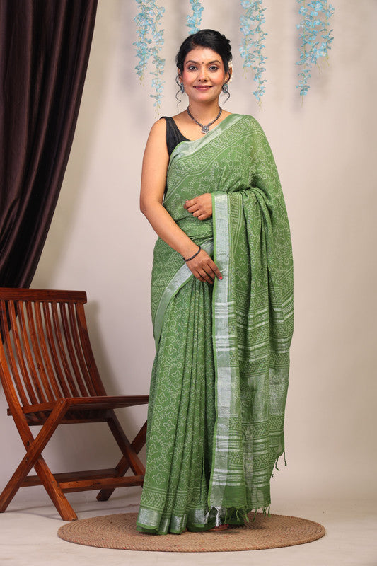Anuttara Bhagalpuri Olive Green Cotton Linen Hand Block Saree with Blouse_AFS1109-FS