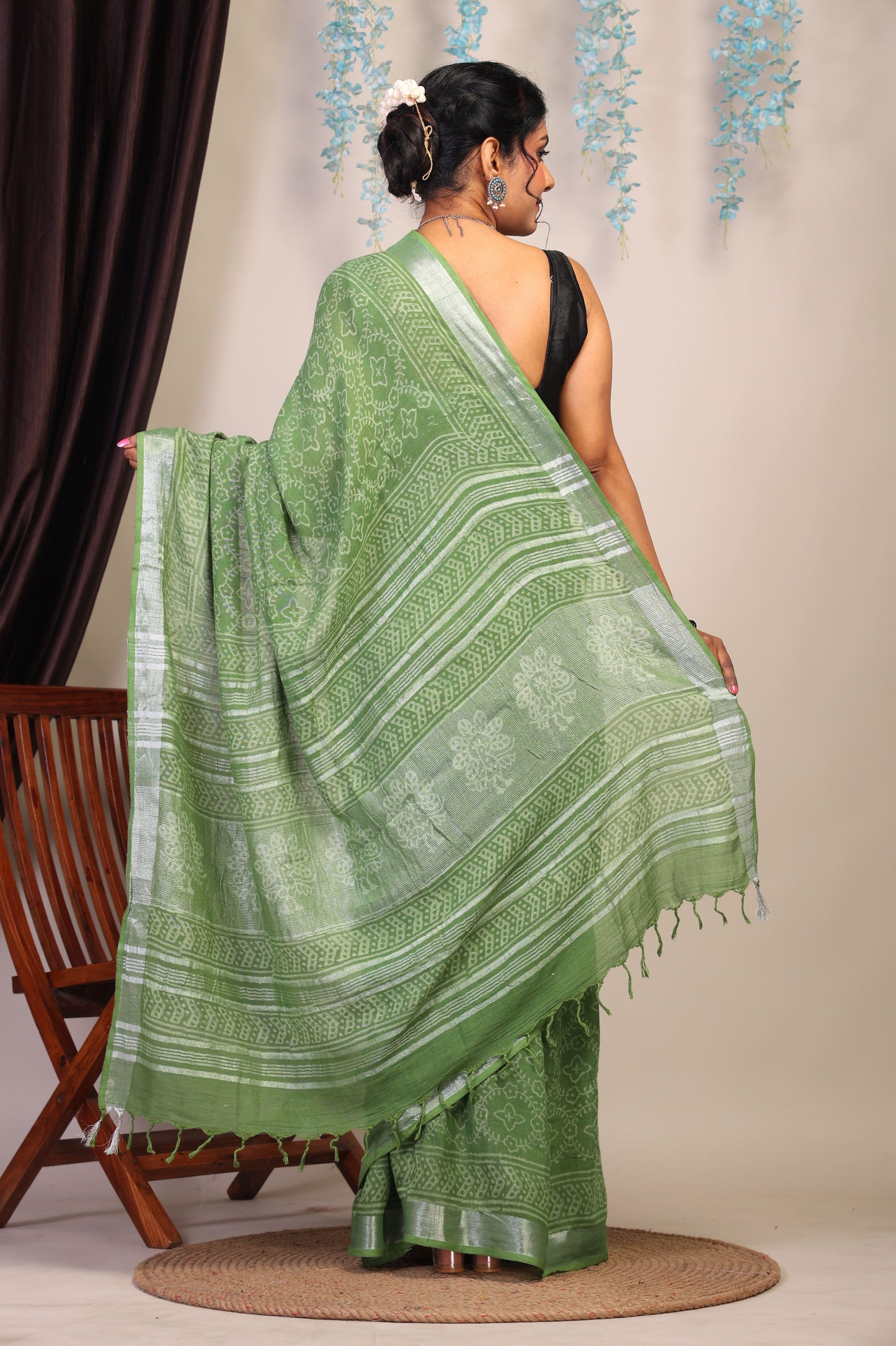 Anuttara Bhagalpuri Olive Green Cotton Linen Hand Block Saree with Blouse_AFS1109-FS