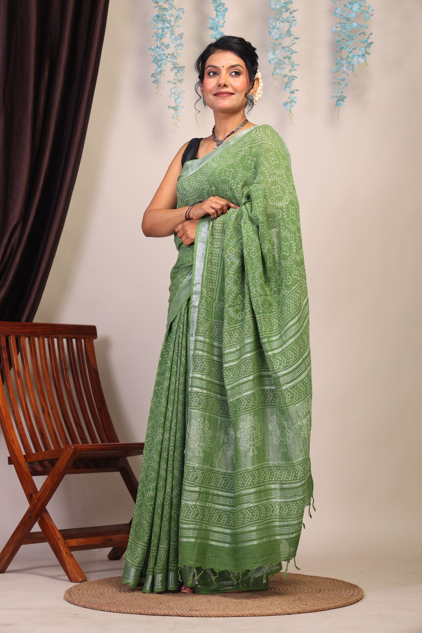 Anuttara Bhagalpuri Olive Green Cotton Linen Hand Block Saree with Blouse_AFS1109-FS