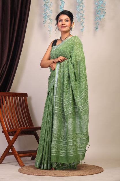 Anuttara Bhagalpuri Olive Green Cotton Linen Hand Block Saree with Blouse_AFS1109-FS