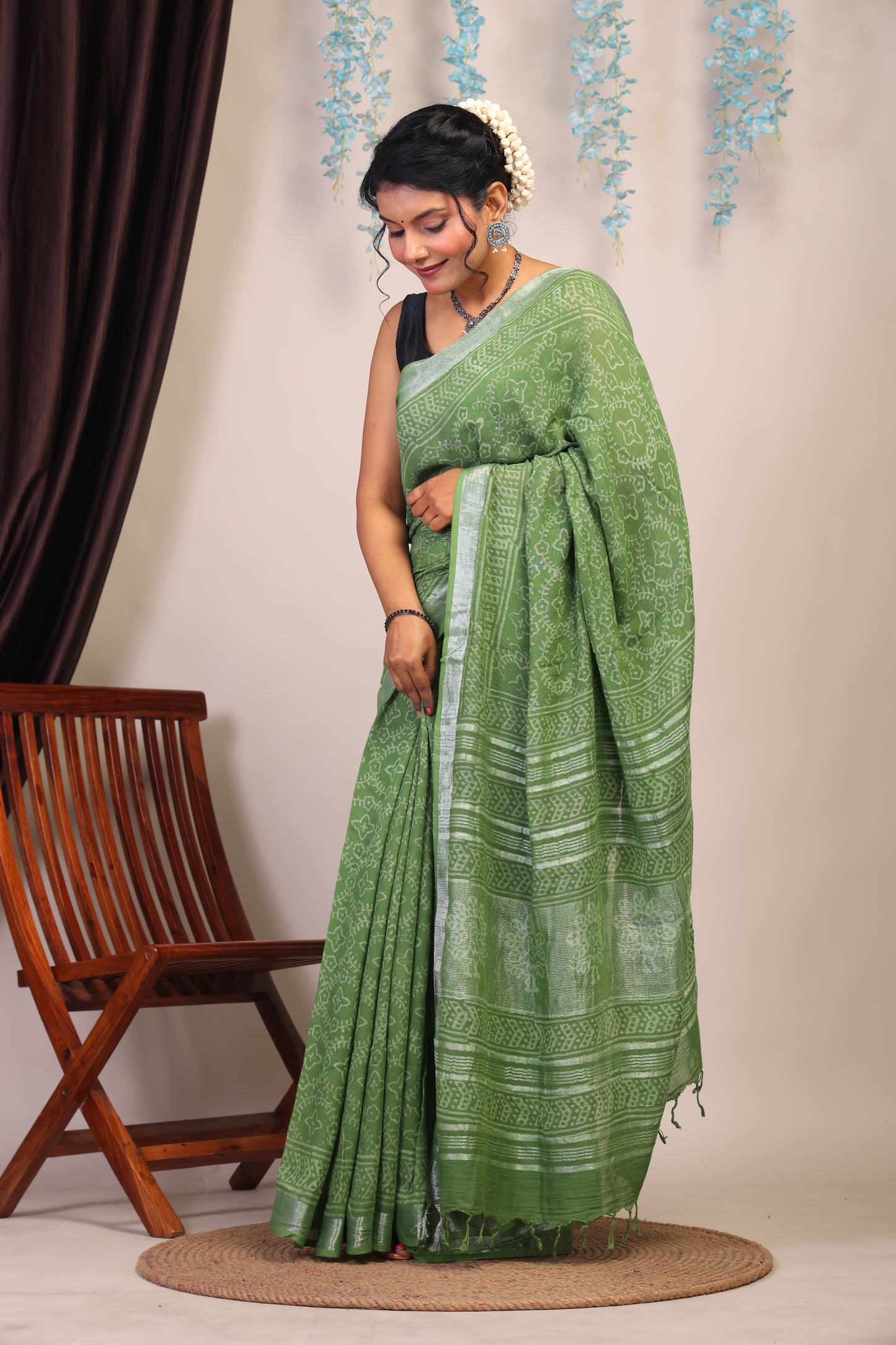 Anuttara Bhagalpuri Olive Green Cotton Linen Hand Block Saree with Blouse_AFS1109-FS