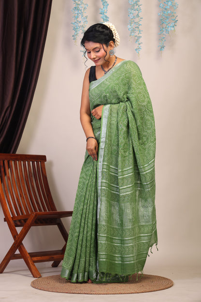 Anuttara Bhagalpuri Olive Green Cotton Linen Hand Block Saree with Blouse_AFS1109-FS