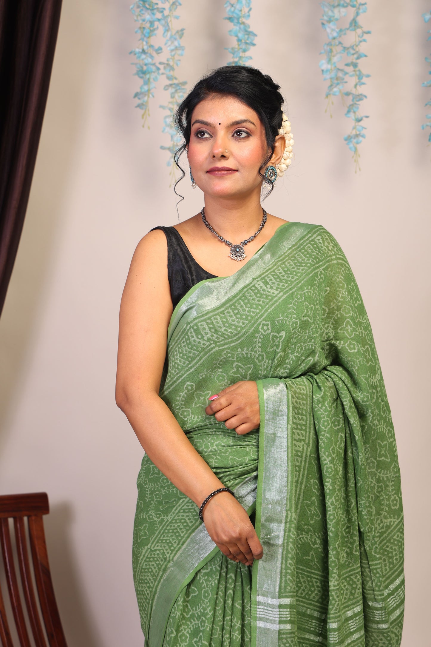 Anuttara Bhagalpuri Olive Green Cotton Linen Hand Block Saree with Blouse_AFS1109-FS