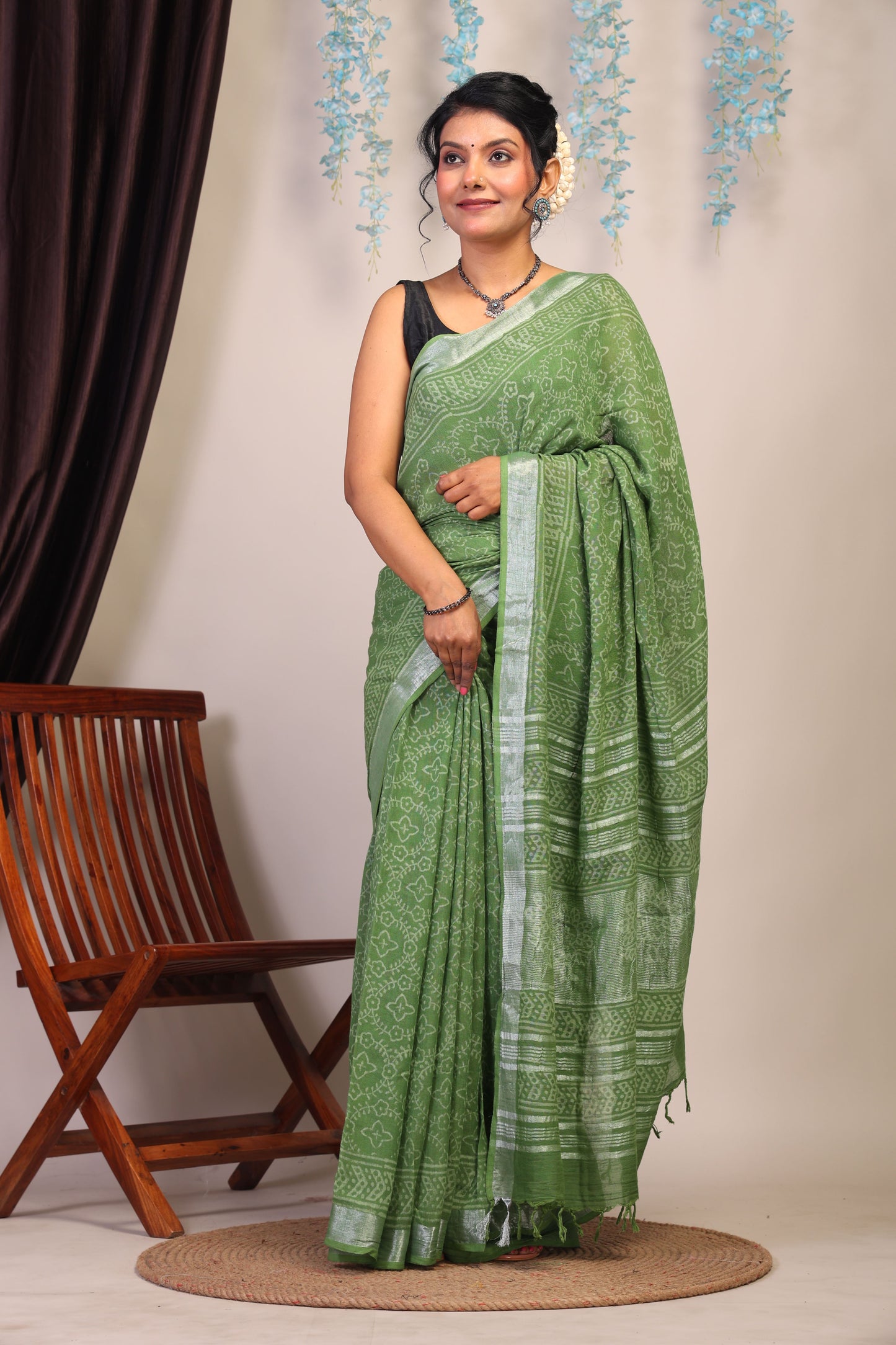 Anuttara Bhagalpuri Olive Green Cotton Linen Hand Block Saree with Blouse_AFS1109-FS