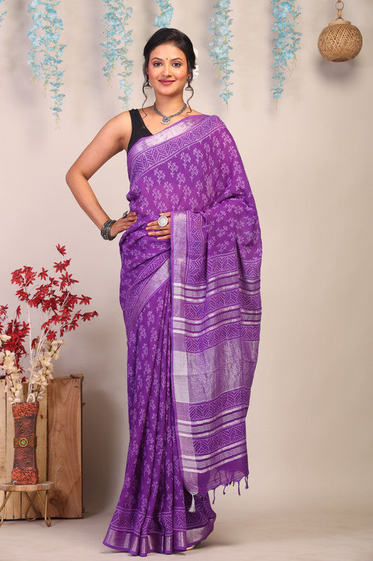 Anuttara Bhagalpuri Purple Cotton Linen Hand Block Saree with Blouse_AFS1110-FS