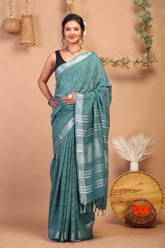 Anuttara Bhagalpuri Cadmium Green Cotton Linen Hand Block Saree with Blouse_AFS1111-FS