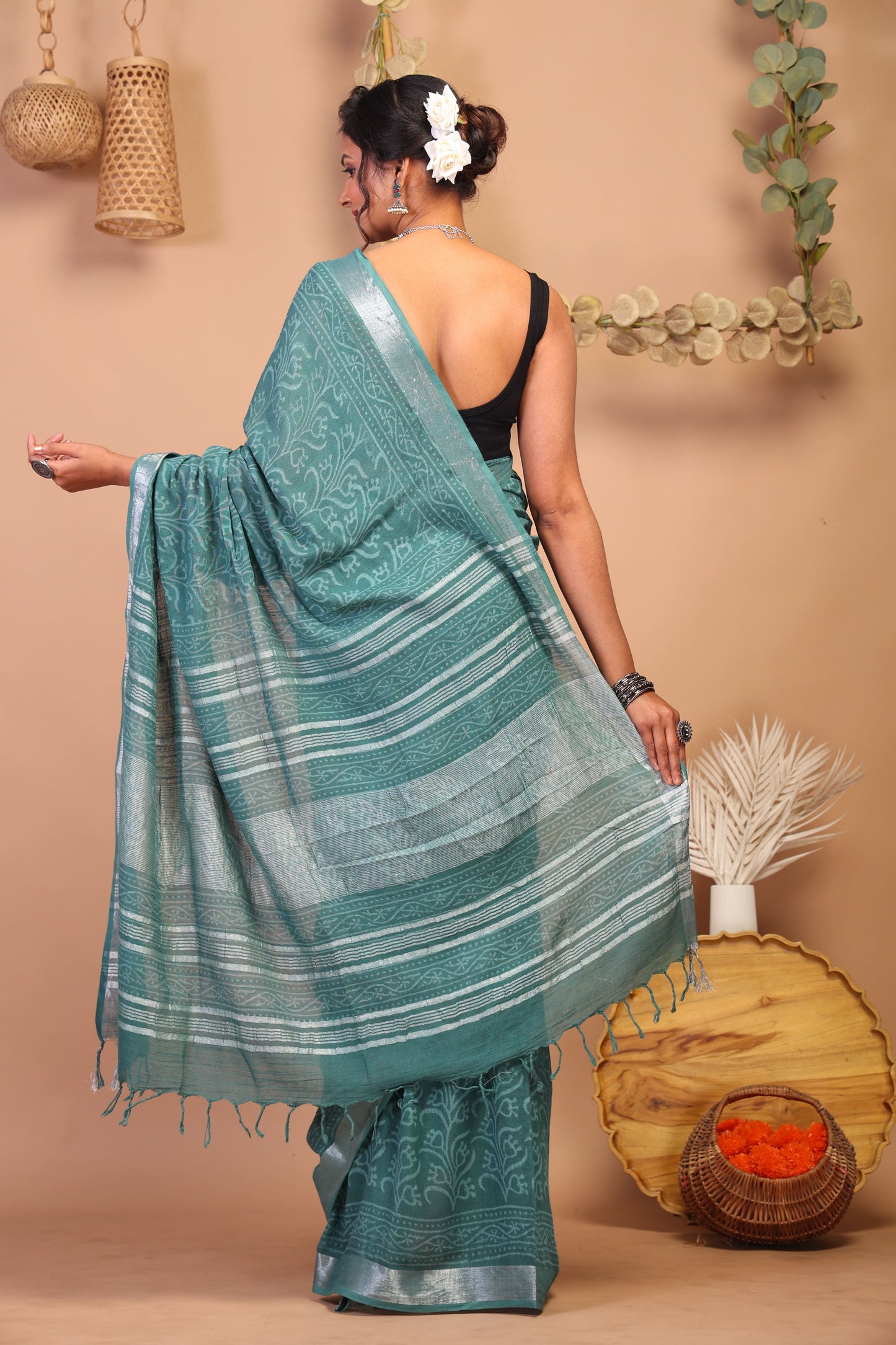 Anuttara Bhagalpuri Cadmium Green Cotton Linen Hand Block Saree with Blouse_AFS1111-FS