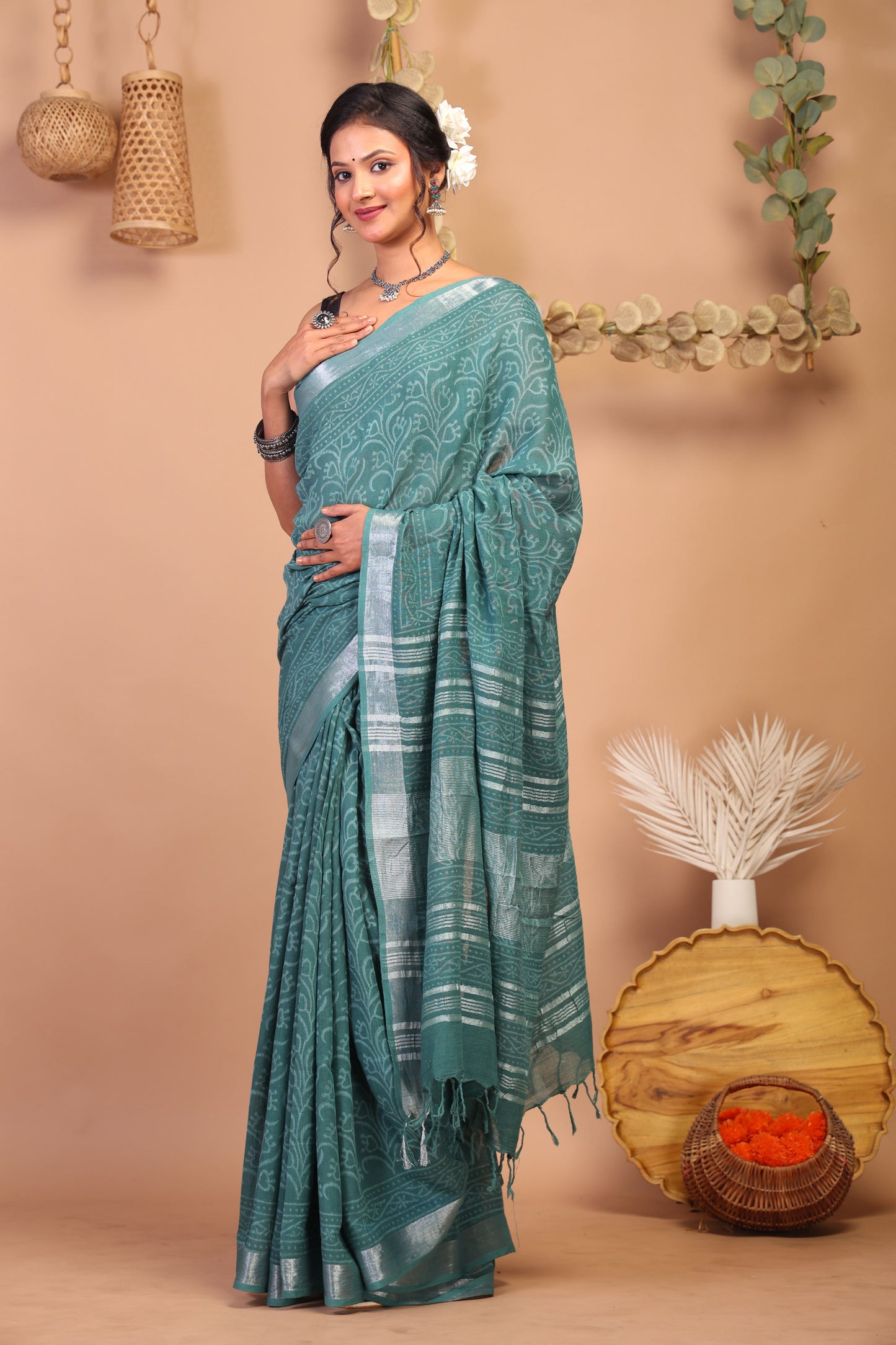 Anuttara Bhagalpuri Cadmium Green Cotton Linen Hand Block Saree with Blouse_AFS1111-FS
