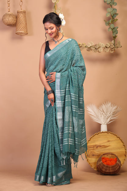 Anuttara Bhagalpuri Cadmium Green Cotton Linen Hand Block Saree with Blouse_AFS1111-FS