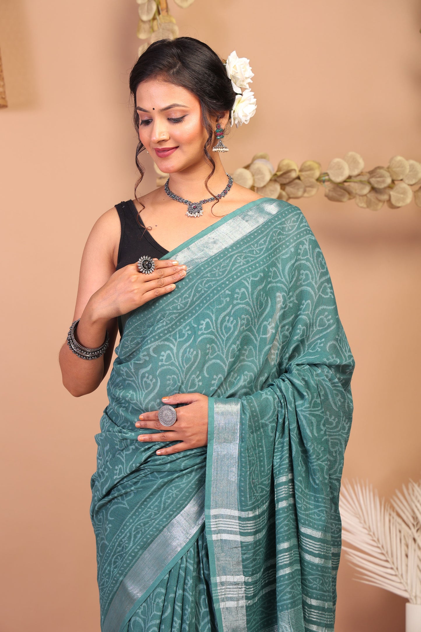 Anuttara Bhagalpuri Cadmium Green Cotton Linen Hand Block Saree with Blouse_AFS1111-FS
