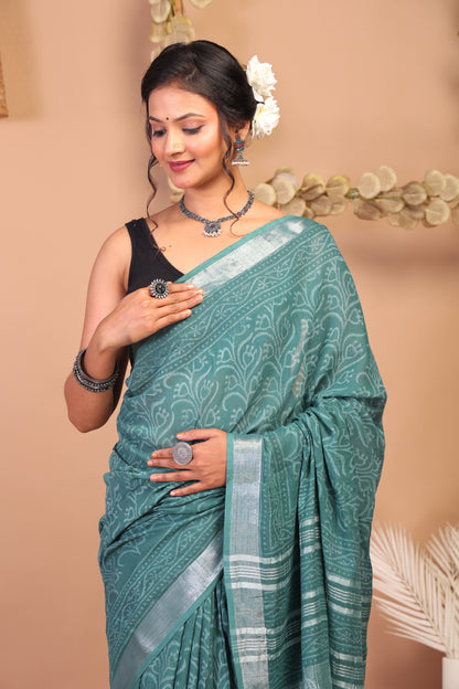 Anuttara Bhagalpuri Cadmium Green Cotton Linen Hand Block Saree with Blouse_AFS1111-FS