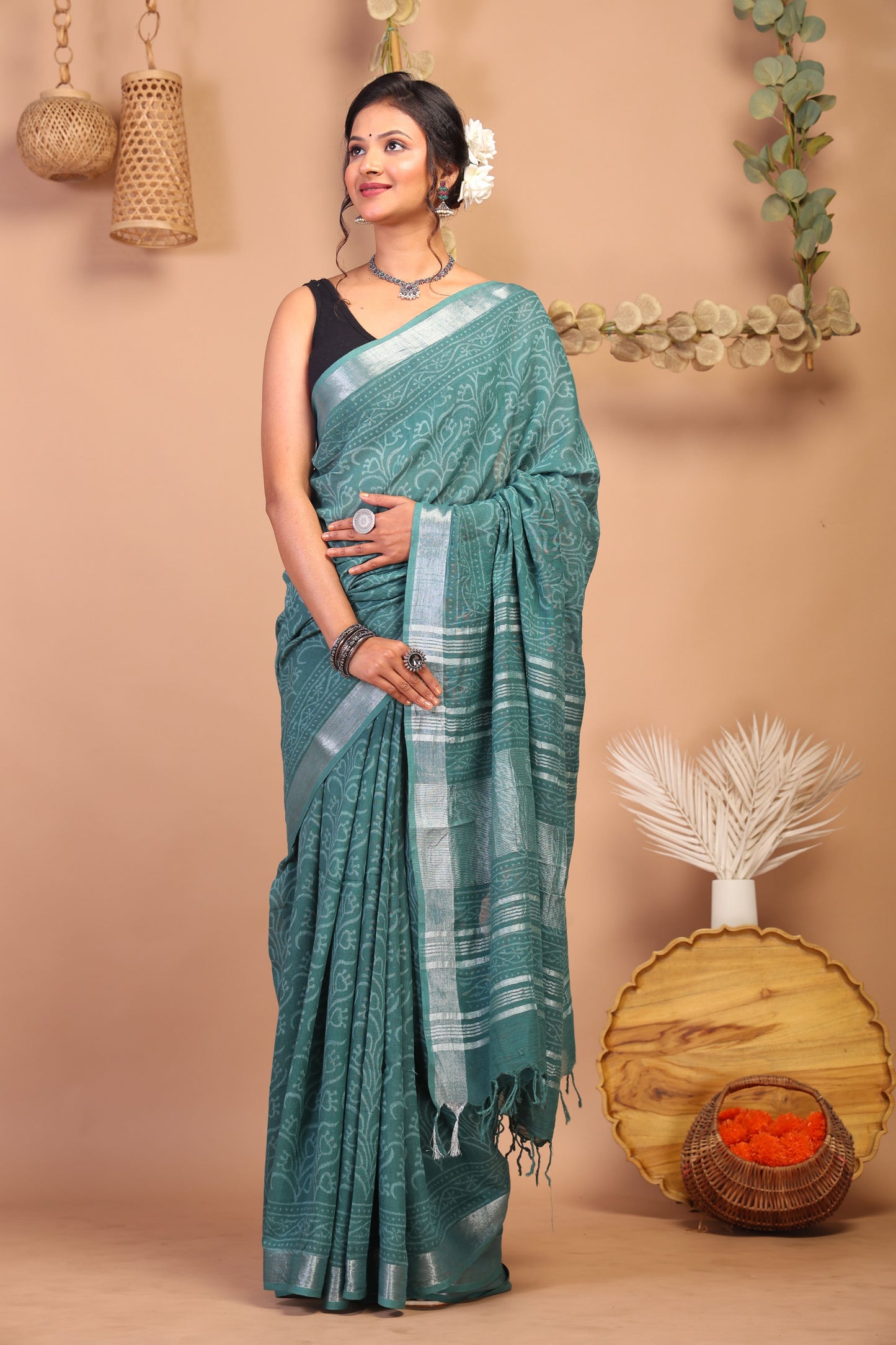 Anuttara Bhagalpuri Cadmium Green Cotton Linen Hand Block Saree with Blouse_AFS1111-FS