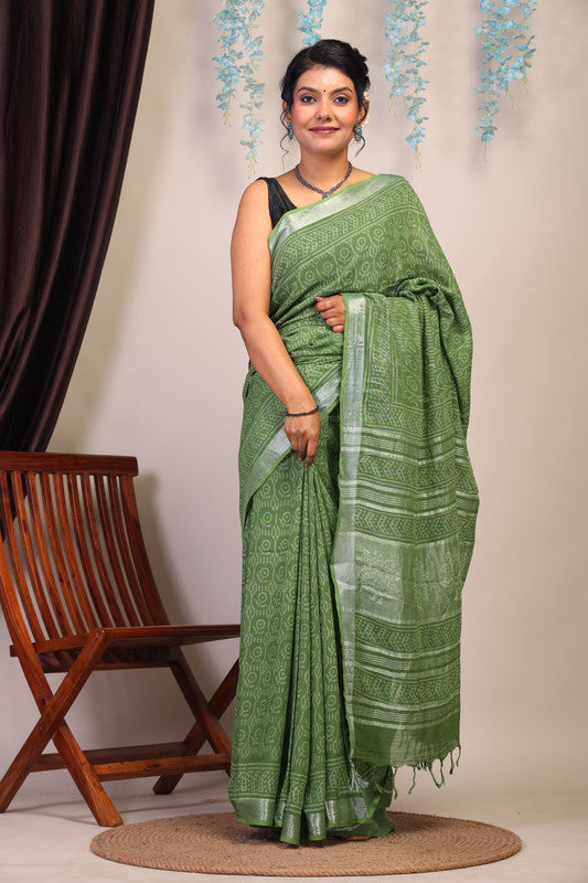 Anuttara Bhagalpuri Olive Green Cotton Linen Hand Block Saree with Blouse_AFS1112-FS