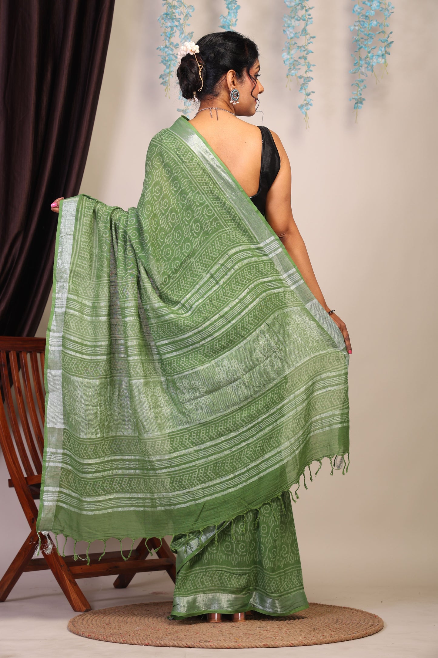 Anuttara Bhagalpuri Olive Green Cotton Linen Hand Block Saree with Blouse_AFS1112-FS