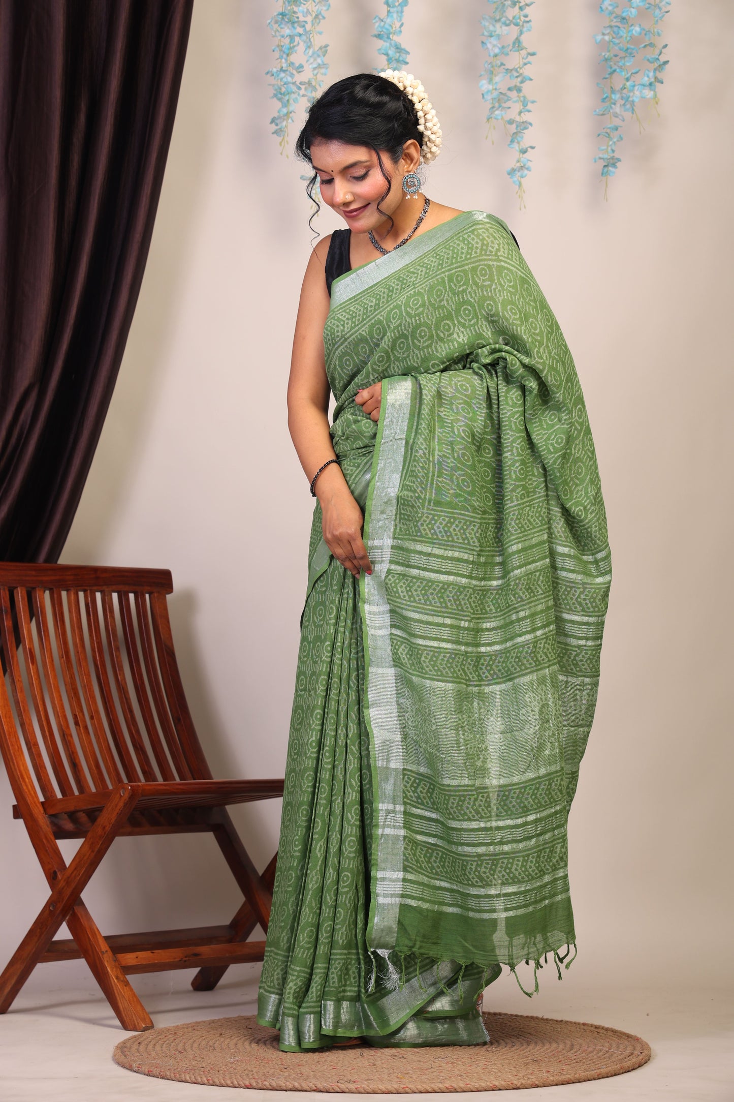 Anuttara Bhagalpuri Olive Green Cotton Linen Hand Block Saree with Blouse_AFS1112-FS