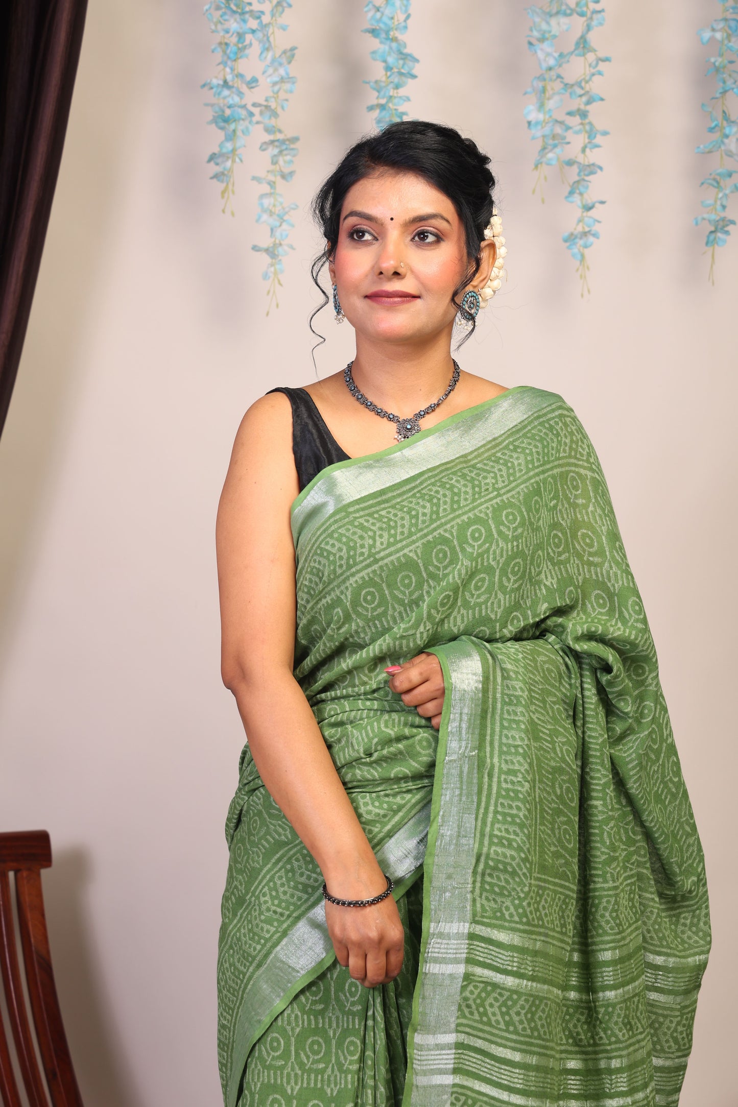 Anuttara Bhagalpuri Olive Green Cotton Linen Hand Block Saree with Blouse_AFS1112-FS