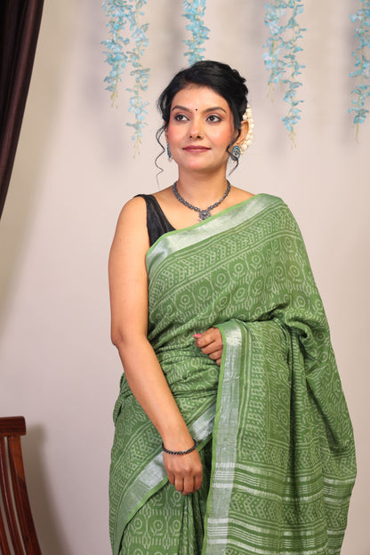 Anuttara Bhagalpuri Olive Green Cotton Linen Hand Block Saree with Blouse_AFS1112-FS