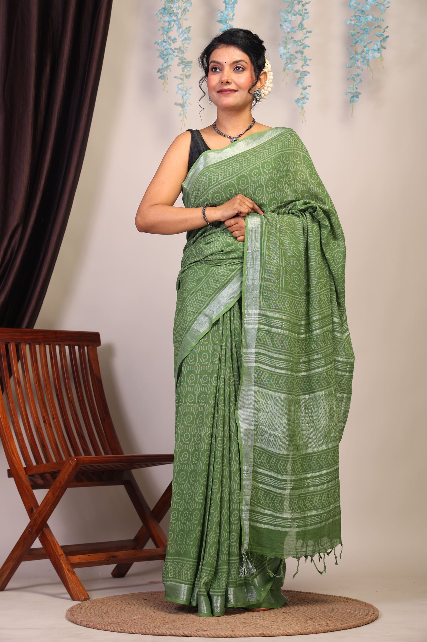 Anuttara Bhagalpuri Olive Green Cotton Linen Hand Block Saree with Blouse_AFS1112-FS