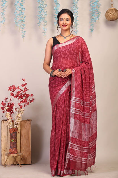 Anuttara Bhagalpuri Maroon Cotton Linen Hand Block Saree with Blouse_AFS1114-FS