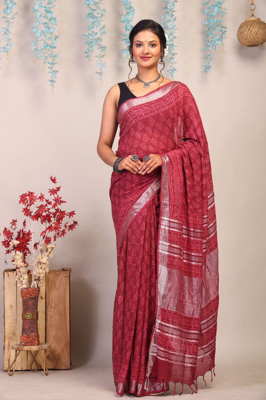Anuttara Bhagalpuri Maroon Cotton Linen Hand Block Saree with Blouse_AFS1114-FS