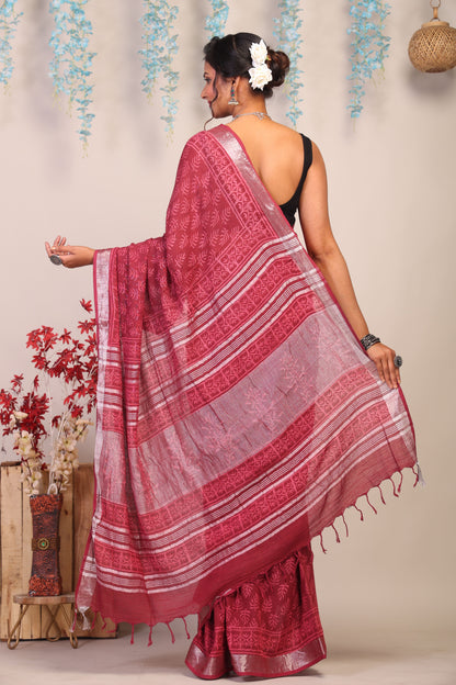 Anuttara Bhagalpuri Maroon Cotton Linen Hand Block Saree with Blouse_AFS1114-FS