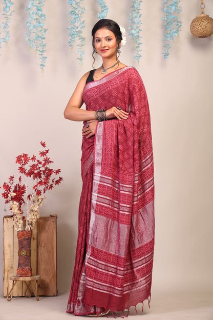 Anuttara Bhagalpuri Maroon Cotton Linen Hand Block Saree with Blouse_AFS1114-FS