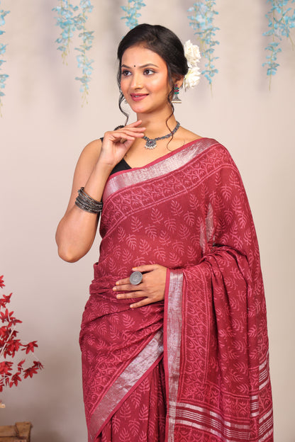 Anuttara Bhagalpuri Maroon Cotton Linen Hand Block Saree with Blouse_AFS1114-FS