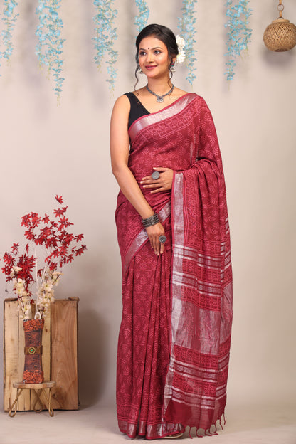 Anuttara Bhagalpuri Maroon Cotton Linen Hand Block Saree with Blouse_AFS1114-FS