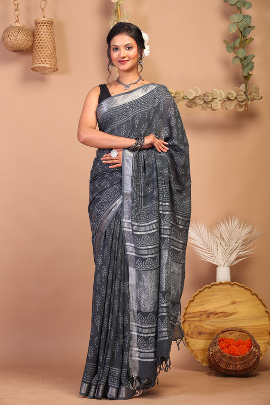 Anuttara Bhagalpuri Gray Cotton Linen Hand Block Saree with Blouse_AFS1115-FS