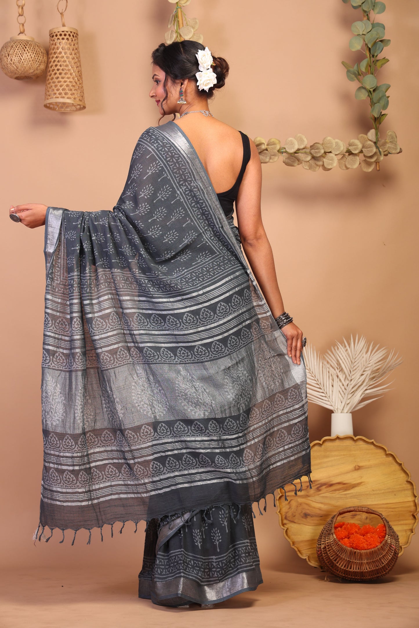 Anuttara Bhagalpuri Gray Cotton Linen Hand Block Saree with Blouse_AFS1115-FS