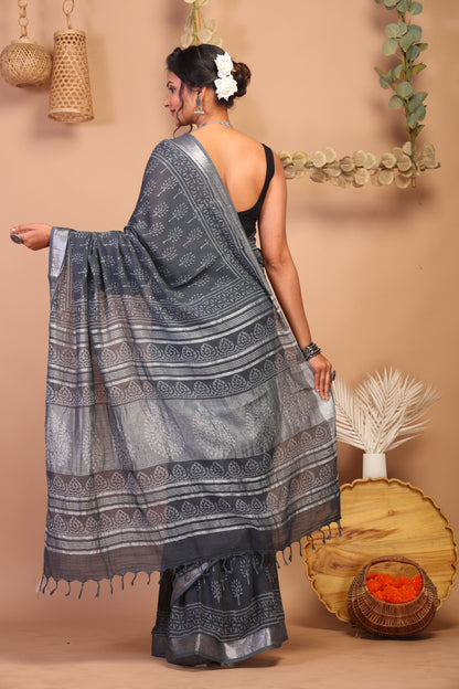 Anuttara Bhagalpuri Gray Cotton Linen Hand Block Saree with Blouse_AFS1115-FS