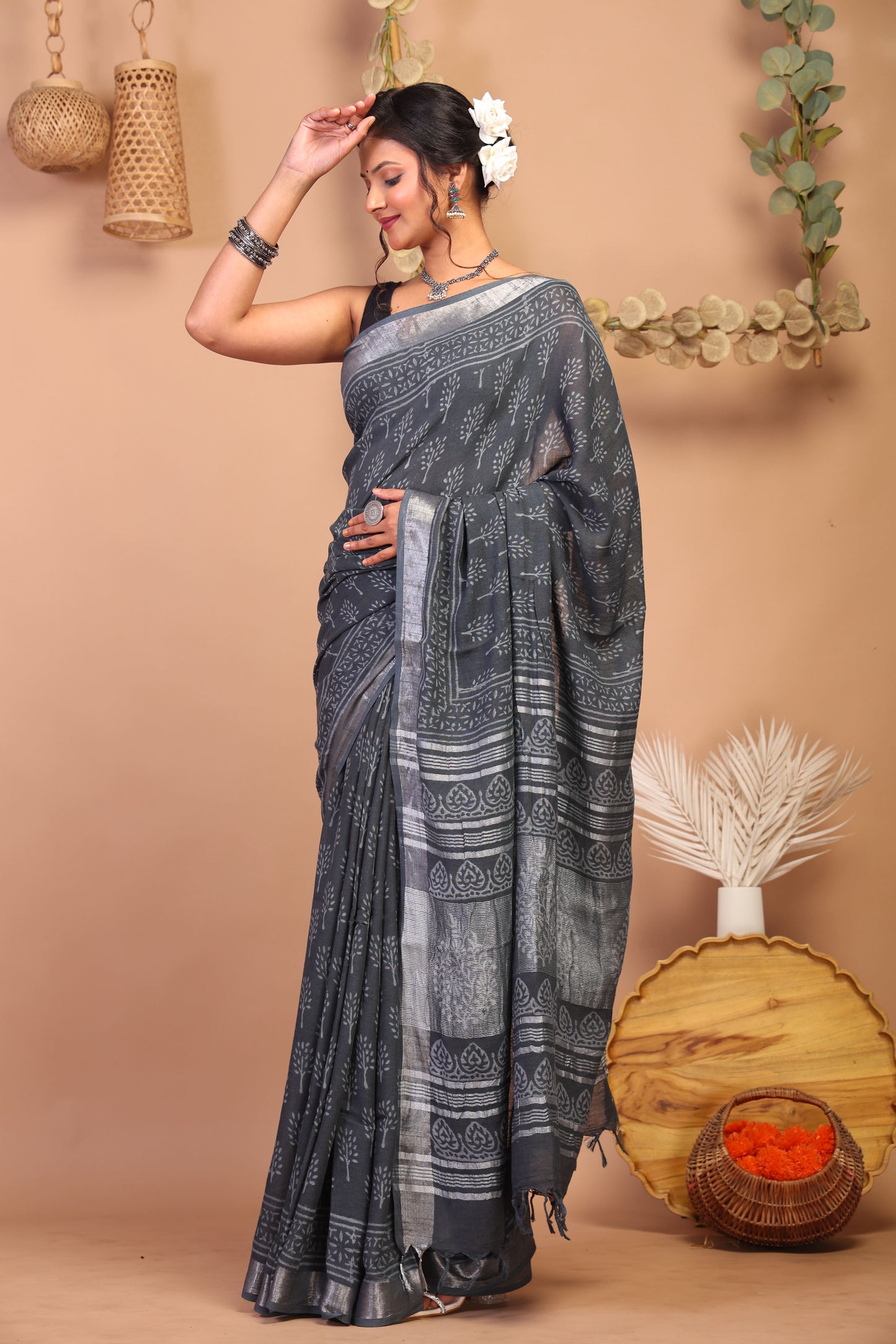 Anuttara Bhagalpuri Gray Cotton Linen Hand Block Saree with Blouse_AFS1115-FS