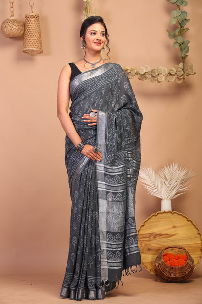 Anuttara Bhagalpuri Gray Cotton Linen Hand Block Saree with Blouse_AFS1115-FS
