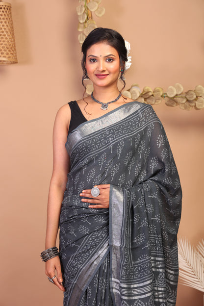 Anuttara Bhagalpuri Gray Cotton Linen Hand Block Saree with Blouse_AFS1115-FS