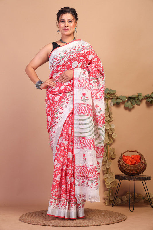 Anuttara Bhagalpuri Red Cotton Linen Hand Block Saree with Blouse_AFS1119-FS